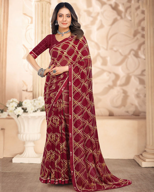 Vishal Prints Vivid Burgundy Printed Georgette Saree With Fancy Border