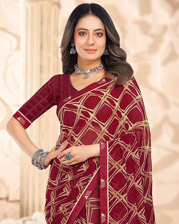 Vishal Prints Vivid Burgundy Printed Georgette Saree With Fancy Border