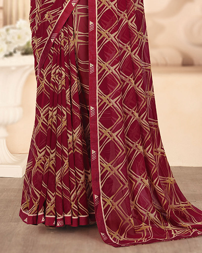 Vishal Prints Vivid Burgundy Printed Georgette Saree With Fancy Border