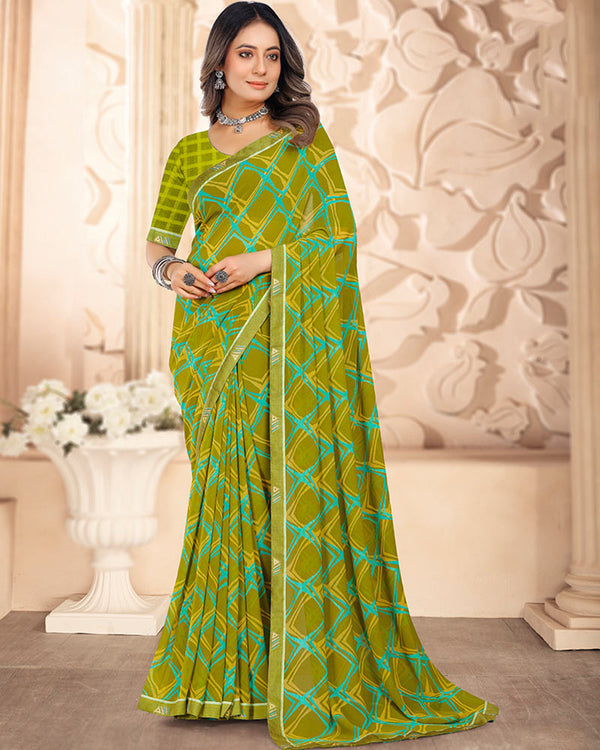 Vishal Prints Mehandi Green Printed Georgette Saree With Fancy Border