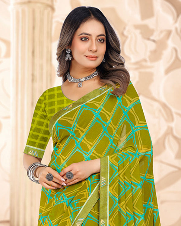 Vishal Prints Mehandi Green Printed Georgette Saree With Fancy Border
