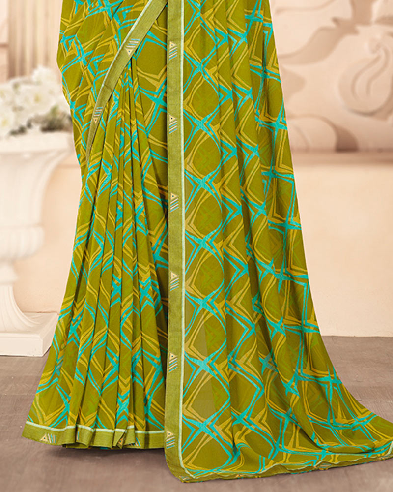 Vishal Prints Mehandi Green Printed Georgette Saree With Fancy Border