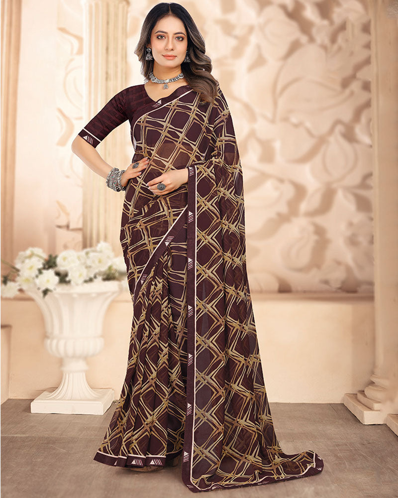 Vishal Prints Woody Brown Printed Georgette Saree With Fancy Border