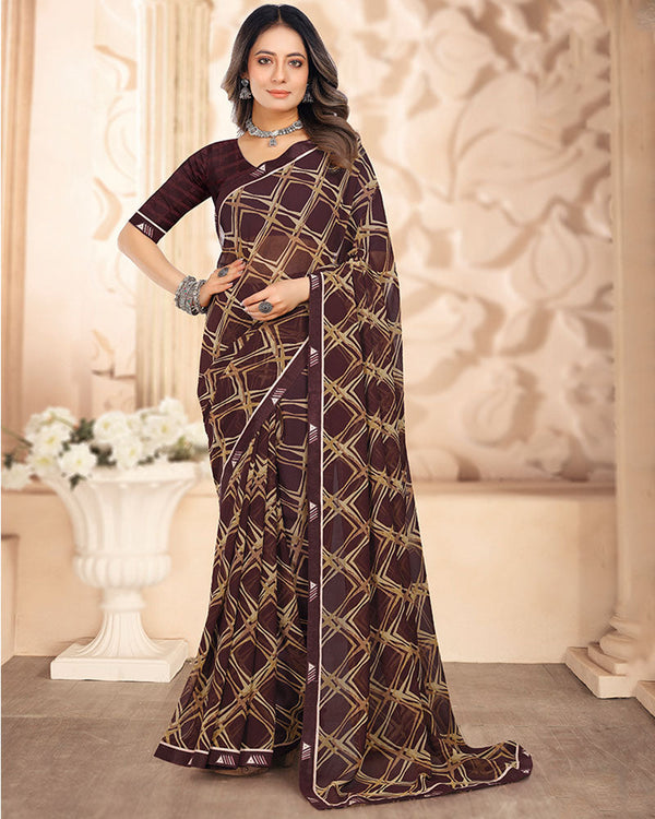 Vishal Prints Woody Brown Printed Georgette Saree With Fancy Border