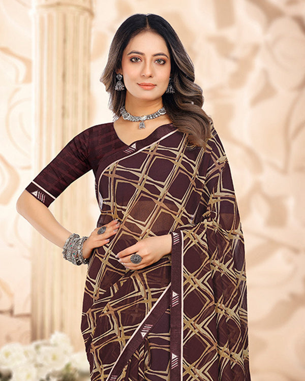 Vishal Prints Woody Brown Printed Georgette Saree With Fancy Border