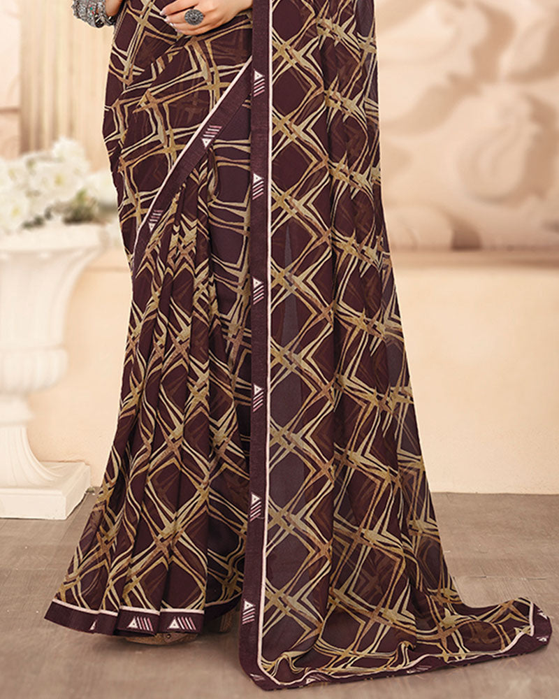 Vishal Prints Woody Brown Printed Georgette Saree With Fancy Border