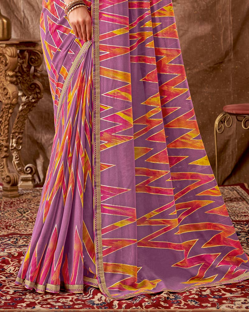 Vishal Prints Pastel Magenta Printed Georgette Saree With Foil Print And Fancy Border