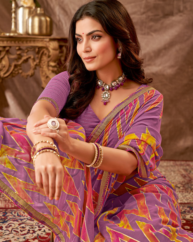 Vishal Prints Pastel Magenta Printed Georgette Saree With Foil Print And Fancy Border
