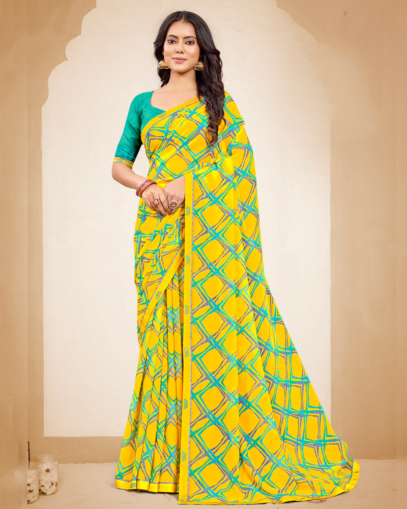 Vishal Prints Bright Yellow Printed Georgette Saree With Fancy Border