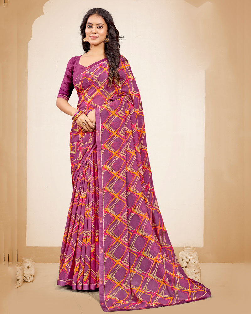 Vishal Prints Light Plum Printed Georgette Saree With Fancy Border