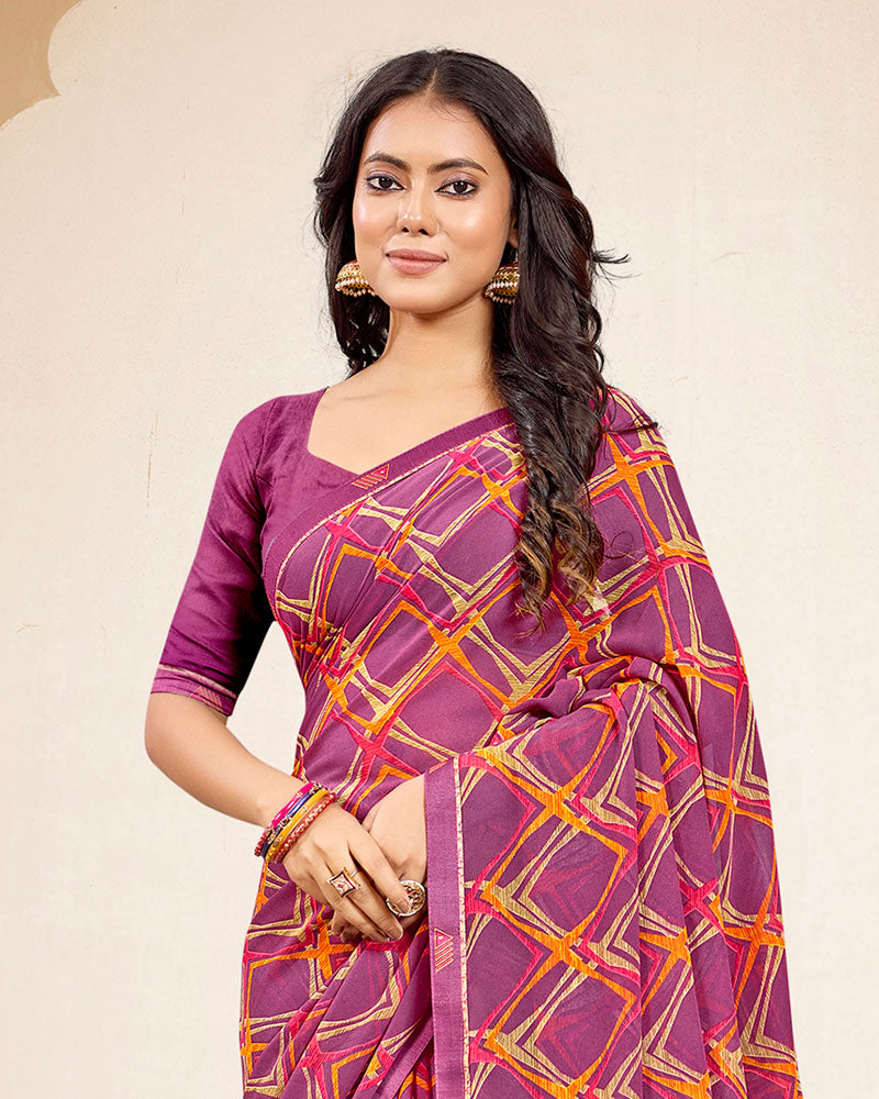 Vishal Prints Light Plum Printed Georgette Saree With Fancy Border