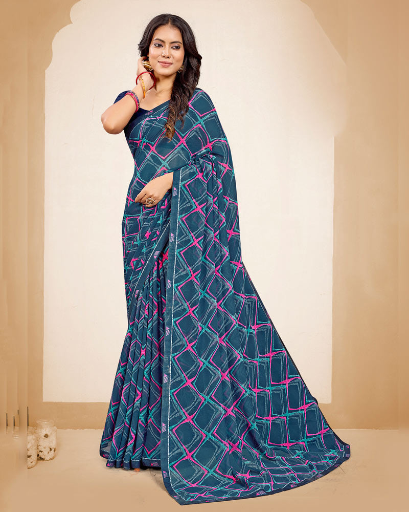 Vishal Prints Dark Grey Blue Printed Georgette Saree With Fancy Border