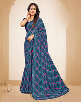 Vishal Prints Dark Grey Blue Printed Georgette Saree With Fancy Border