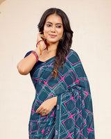Vishal Prints Dark Grey Blue Printed Georgette Saree With Fancy Border