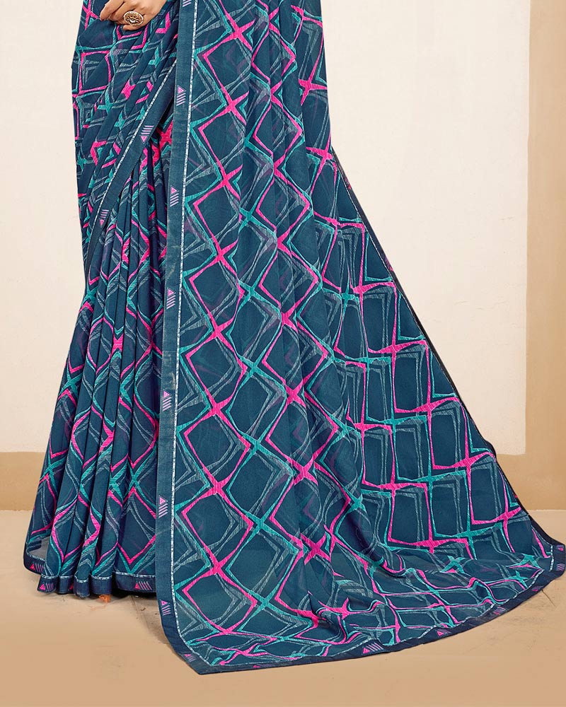 Vishal Prints Dark Grey Blue Printed Georgette Saree With Fancy Border