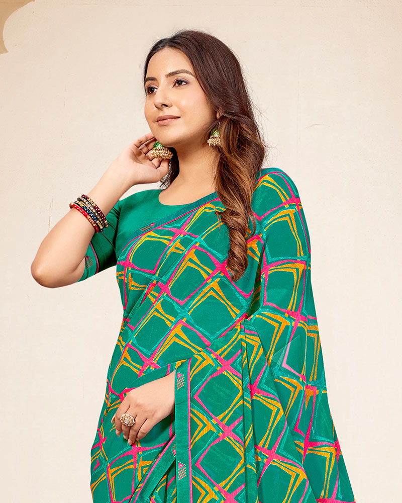 Vishal Prints Jade Green Printed Georgette Saree With Fancy Border