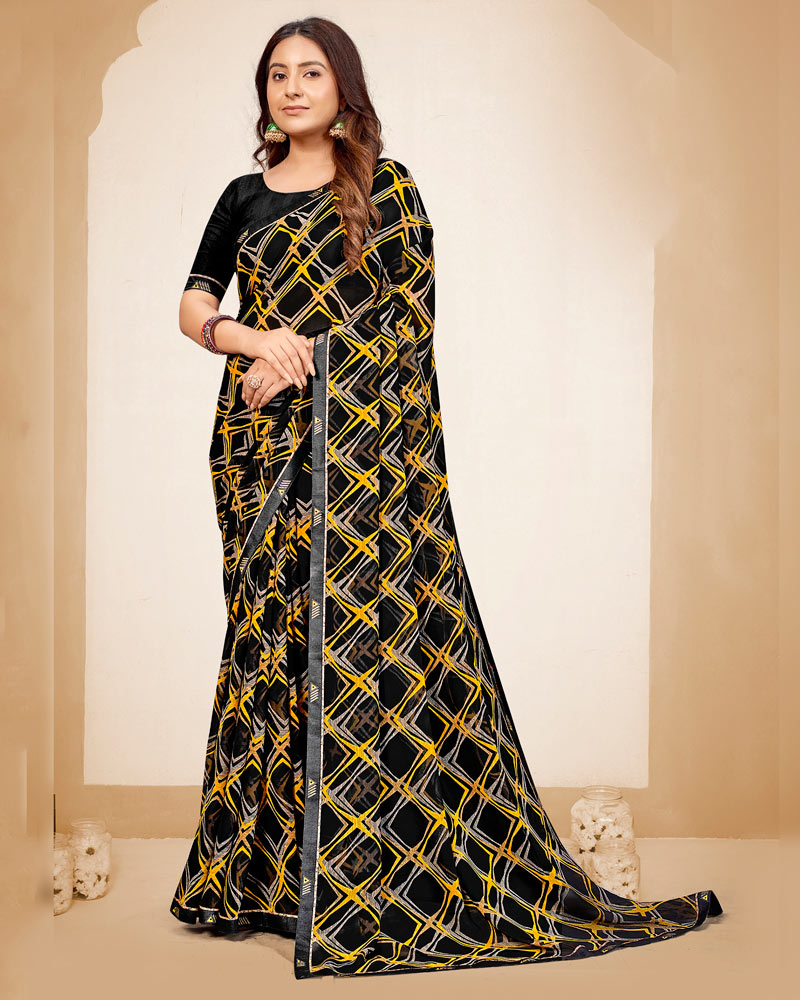 Vishal Prints Smokey Black Printed Georgette Saree With Fancy Border