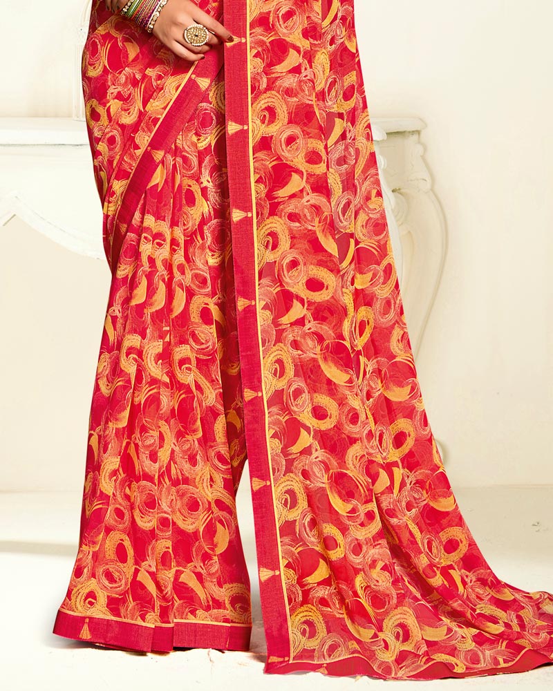 Vishal Prints Bright Lava Red Printed Georgette Saree With Fancy Border