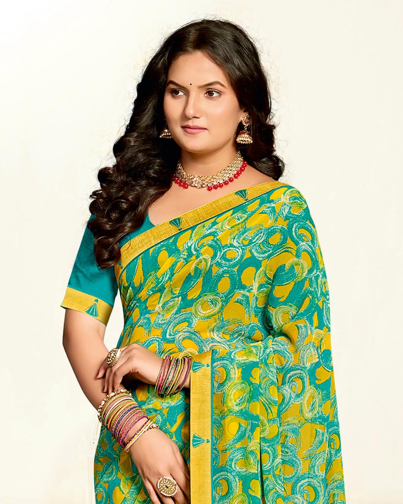 Vishal Prints Persian Green Printed Georgette Saree With Fancy Border