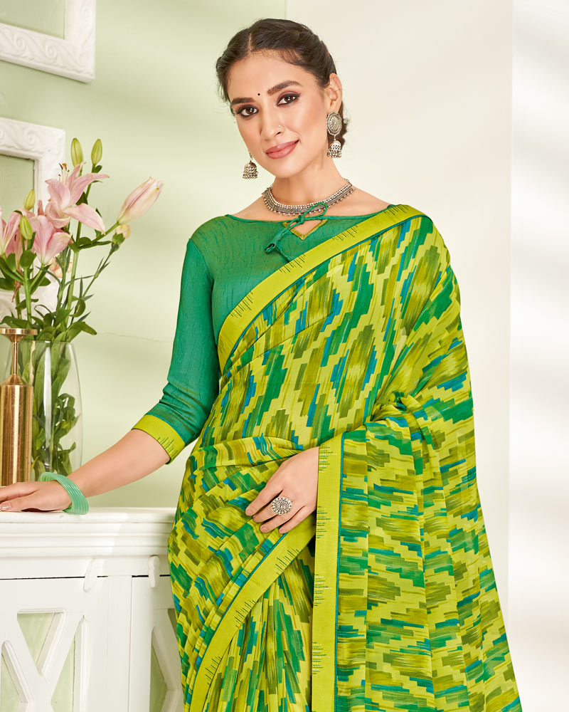 Vishal Prints Lime Green Printed Georgette Saree With Fancy Border