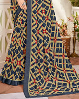 Vishal Prints Dark Navy Blue Printed Georgette Saree With Fancy Border