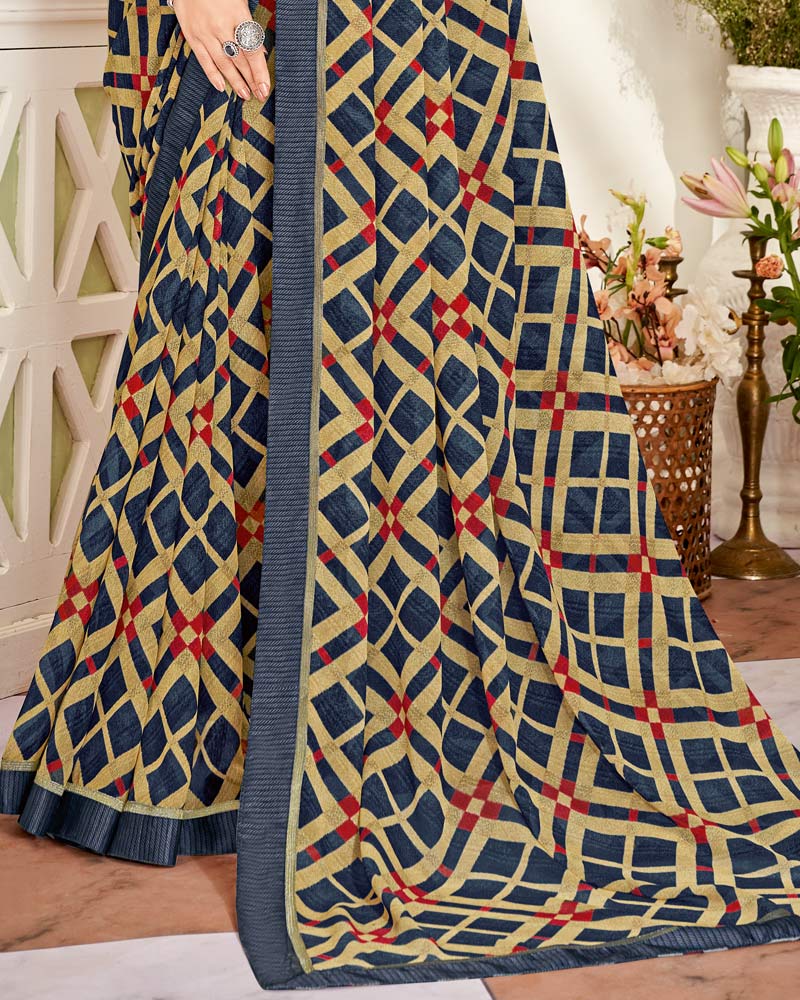 Vishal Prints Dark Navy Blue Printed Georgette Saree With Fancy Border