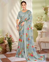 Vishal Prints Pewter Grey Printed Georgette Saree With Fancy Border