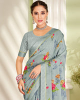 Vishal Prints Pewter Grey Printed Georgette Saree With Fancy Border
