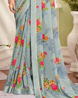 Vishal Prints Pewter Grey Printed Georgette Saree With Fancy Border