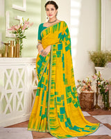 Vishal Prints Dark Yellow Printed Georgette Saree With Fancy Border