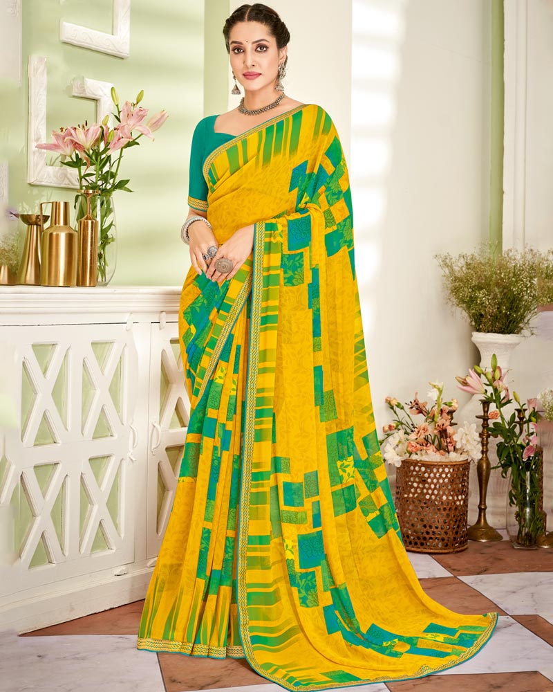 Vishal Prints Dark Yellow Printed Georgette Saree With Fancy Border