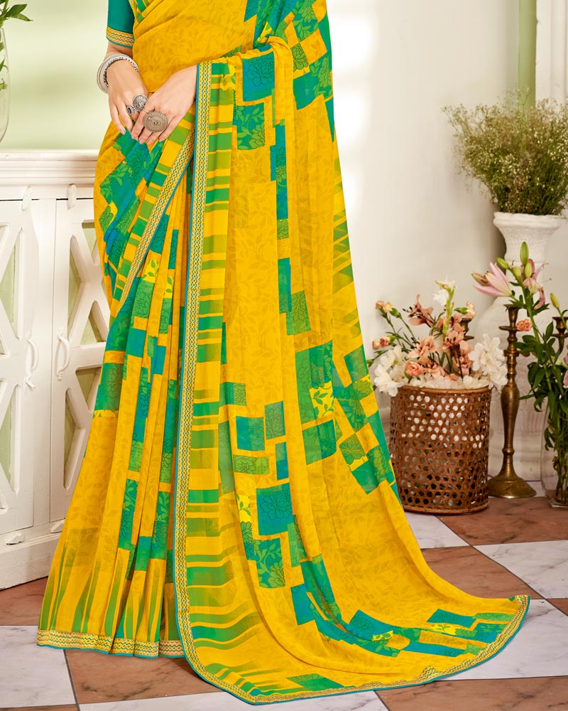 Vishal Prints Dark Yellow Printed Georgette Saree With Fancy Border