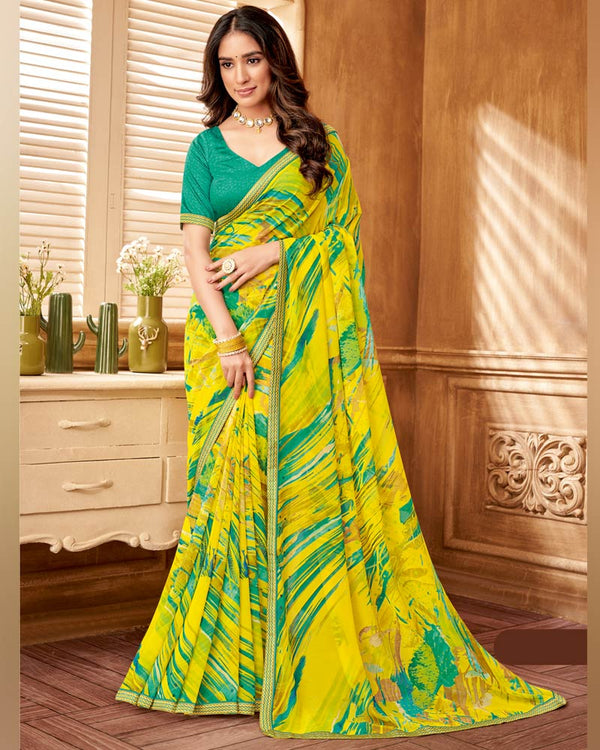 Vishal Prints Lime Yellow Printed Georgette Saree With Fancy Border