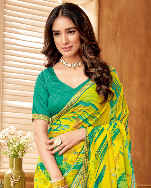Vishal Prints Lime Yellow Printed Georgette Saree With Fancy Border