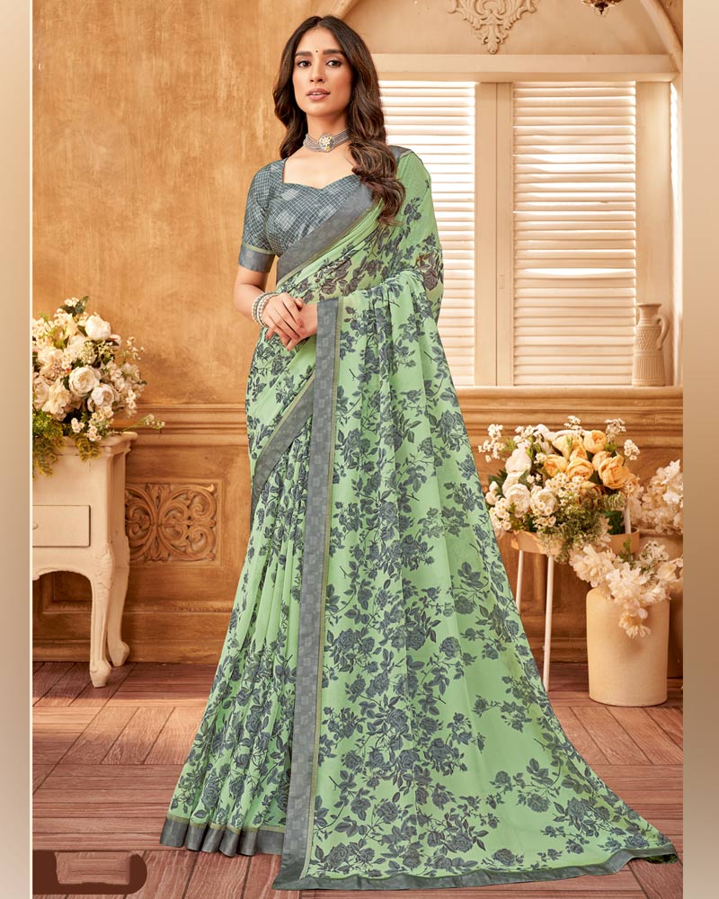 Vishal Prints Turquoise Green Printed Georgette Saree With Fancy Border