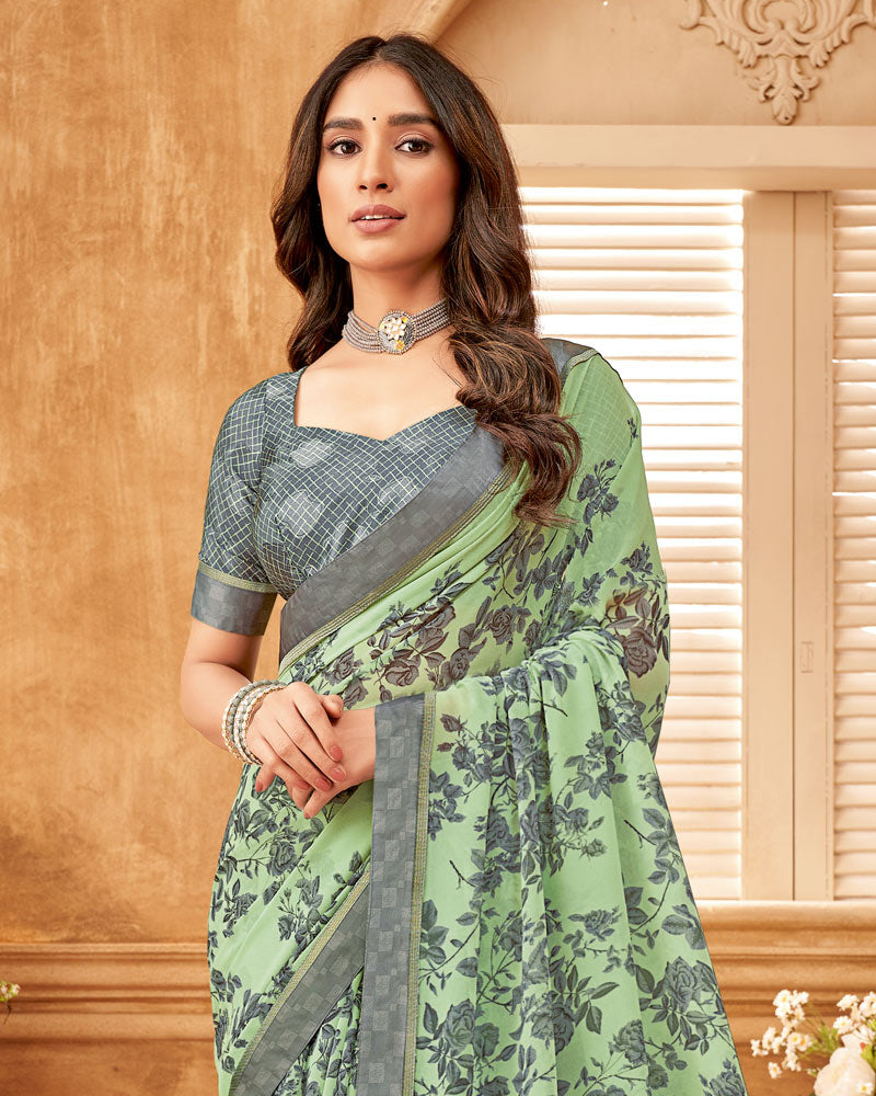 Vishal Prints Turquoise Green Printed Georgette Saree With Fancy Border