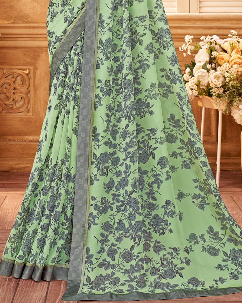 Vishal Prints Turquoise Green Printed Georgette Saree With Fancy Border