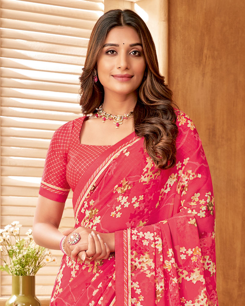 Vishal Prints Mandy Pink Printed Georgette Saree With Fancy Border