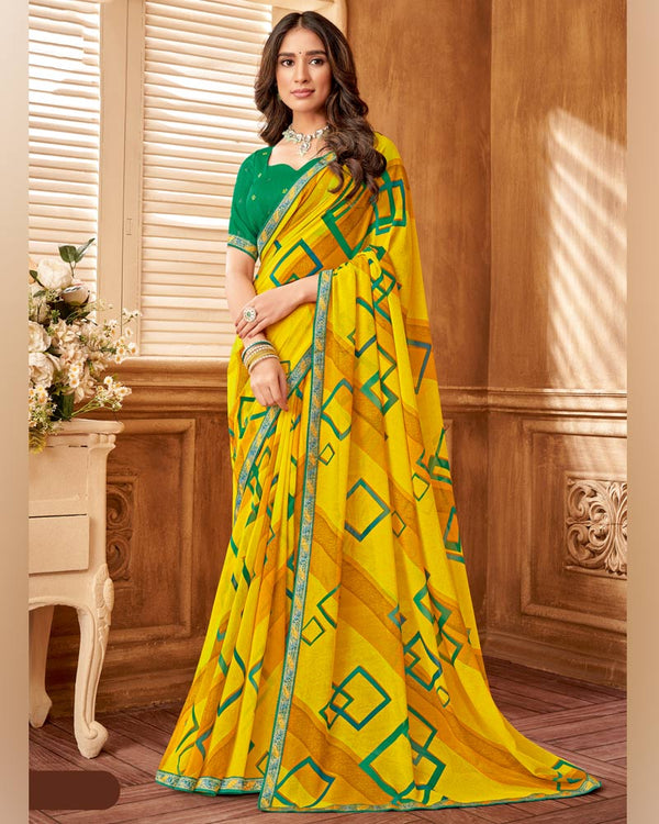 Vishal Prints Yellow Printed Georgette Saree With Fancy Border
