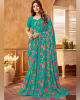 Vishal Prints Teal Green Printed Georgette Saree With Fancy Border