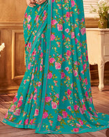 Vishal Prints Teal Green Printed Georgette Saree With Fancy Border