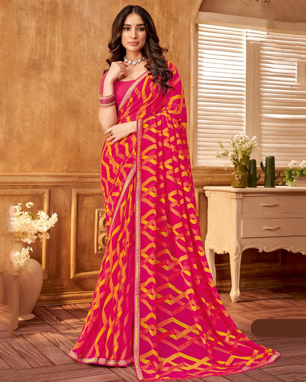 Vishal Prints Red Pink Printed Georgette Saree With Fancy Border