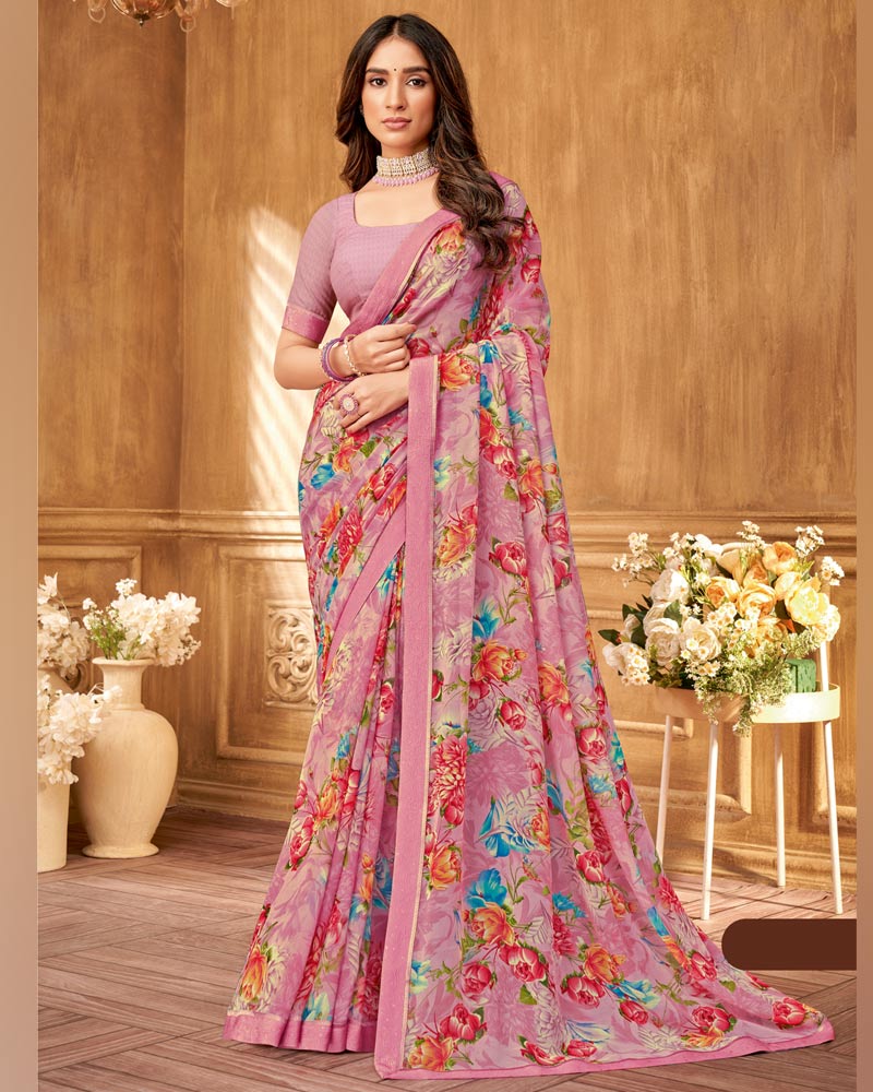 Vishal Prints Dusty Pink Printed Georgette Saree With Fancy Border