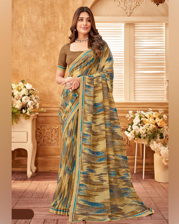 Vishal Prints Fawn Printed Georgette Saree With Fancy Border
