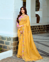 Vishal Prints Apricot Yellow Designer Soft Silk Embroidery Work Saree With Cut Work Border