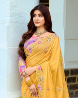 Vishal Prints Apricot Yellow Designer Soft Silk Embroidery Work Saree With Cut Work Border