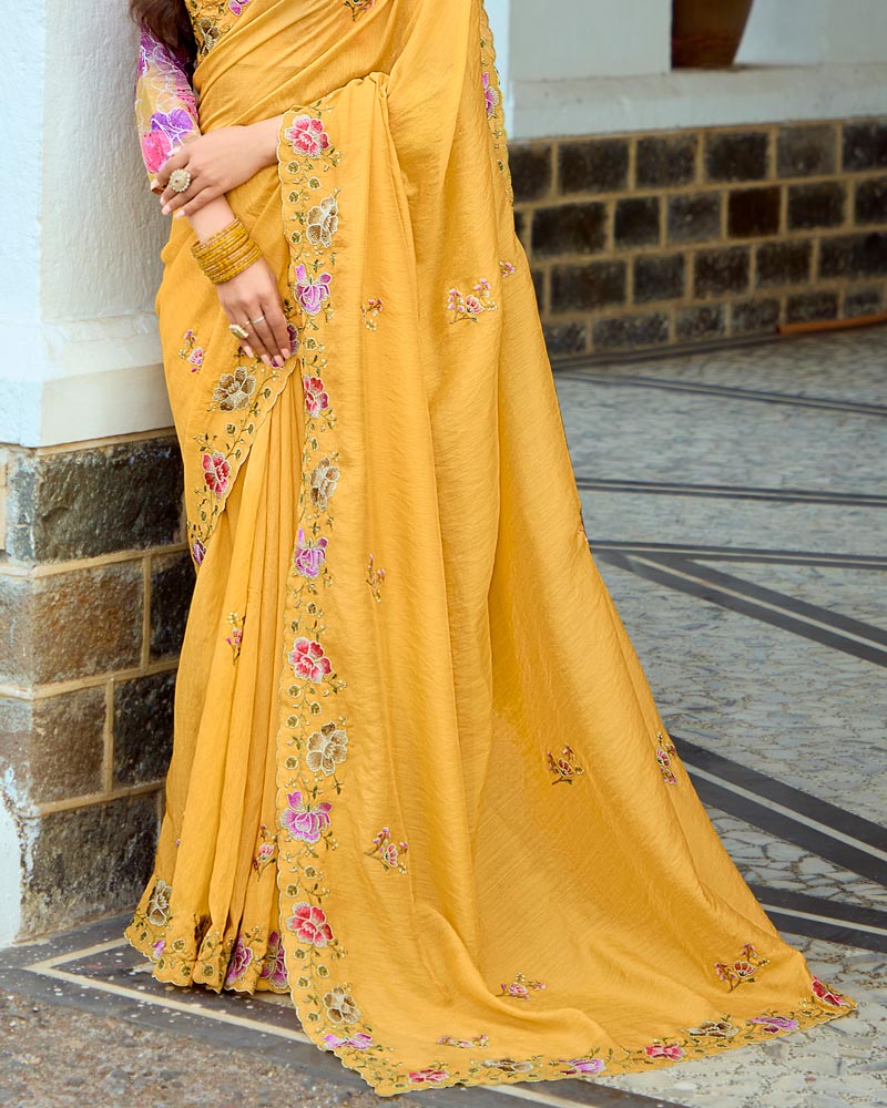 Vishal Prints Apricot Yellow Designer Soft Silk Embroidery Work Saree With Cut Work Border