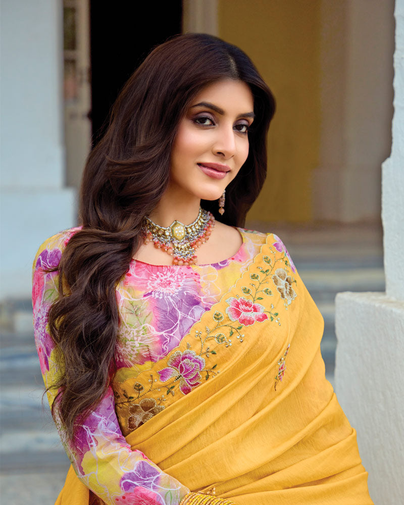 Vishal Prints Apricot Yellow Designer Soft Silk Embroidery Work Saree With Cut Work Border