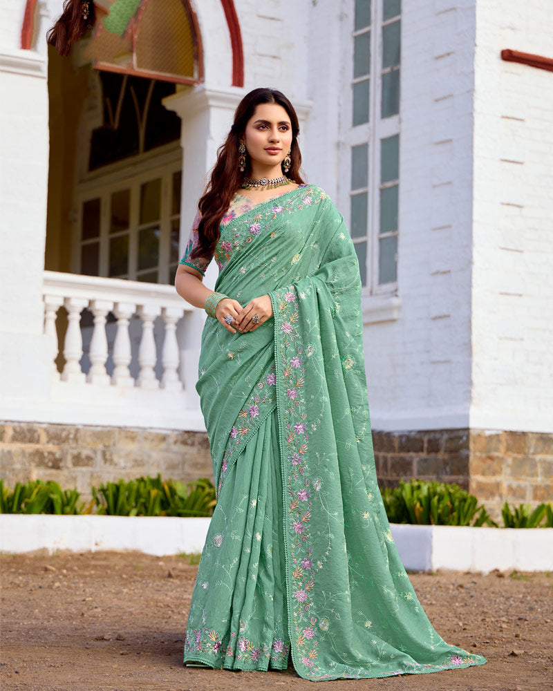 Vishal Prints Spanish Green Designer Soft Silk Embroidery Work Saree With Fancy Border