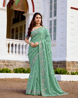 Vishal Prints Spanish Green Designer Soft Silk Embroidery Work Saree With Fancy Border